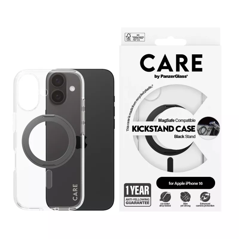 PanzerGlass CARE™ by ® Hülle Transparent mit schwarzem Kickstand & MagSafe iPhone 16