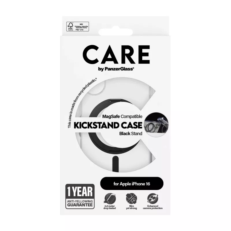 PanzerGlass CARE™ by ® Hülle Transparent mit schwarzem Kickstand & MagSafe iPhone 16
