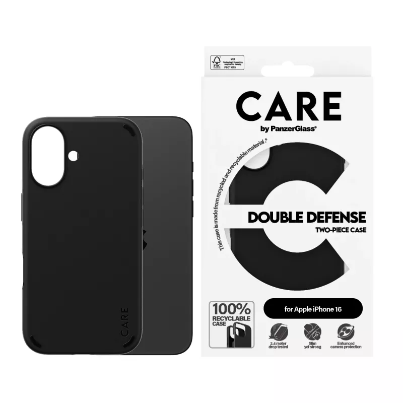 PanzerGlass CARE™ by ® Double Defense Case Schwarz iPhone 16, Cover, Apple, Apple - iPhone 16, Schwarz