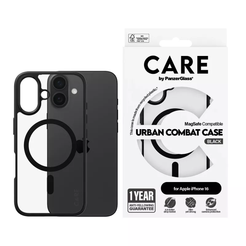 PanzerGlass CARE™ by ® Urban Combat Hülle Transparent mit schwarzem Rahmen & MagSafe iPhone 16