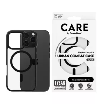 PanzerGlass CARE™ by ® Urban Combat Case Transparent mit schwarzem Rahmen & MagSafe iPhone 16 Pro
