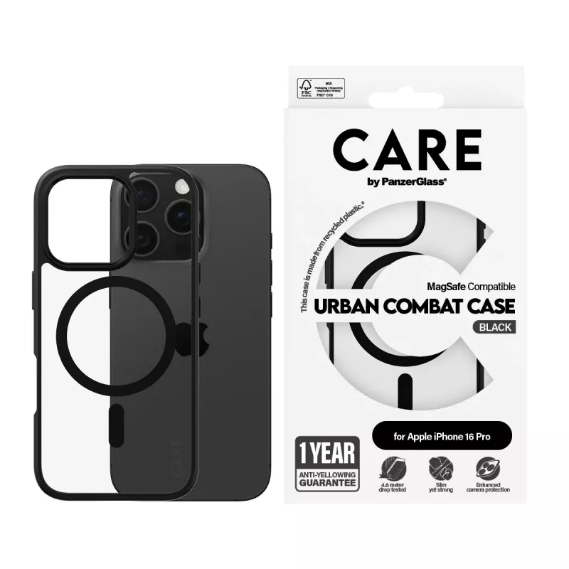 PanzerGlass CARE™ by ® Urban Combat Case Transparent mit schwarzem Rahmen & MagSafe iPhone 16 Pro