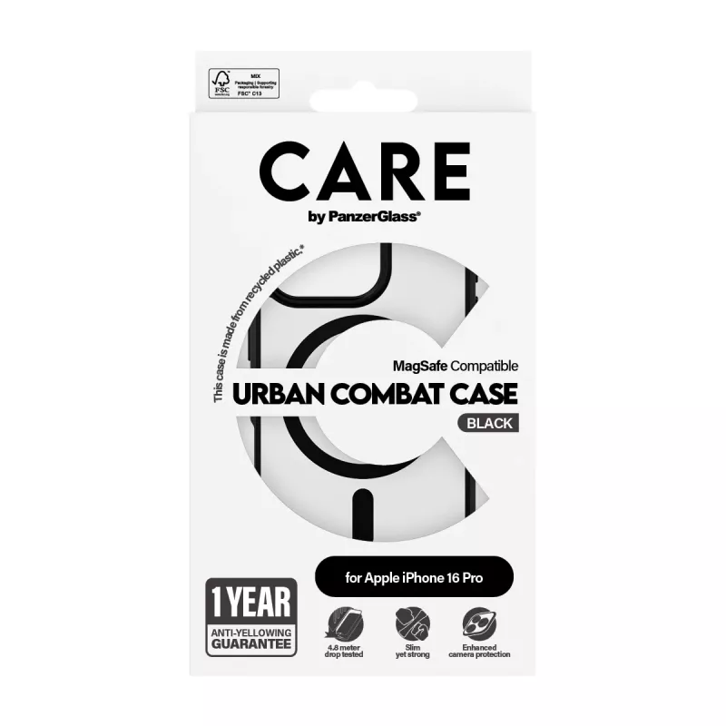PanzerGlass CARE™ by ® Urban Combat Case Transparent mit schwarzem Rahmen & MagSafe iPhone 16 Pro