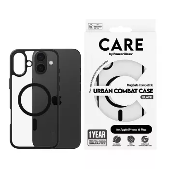 PanzerGlass CARE™ by ® Urban Combat Case Transparent mit schwarzem Rahmen & MagSafe für iPhone 16 Plus