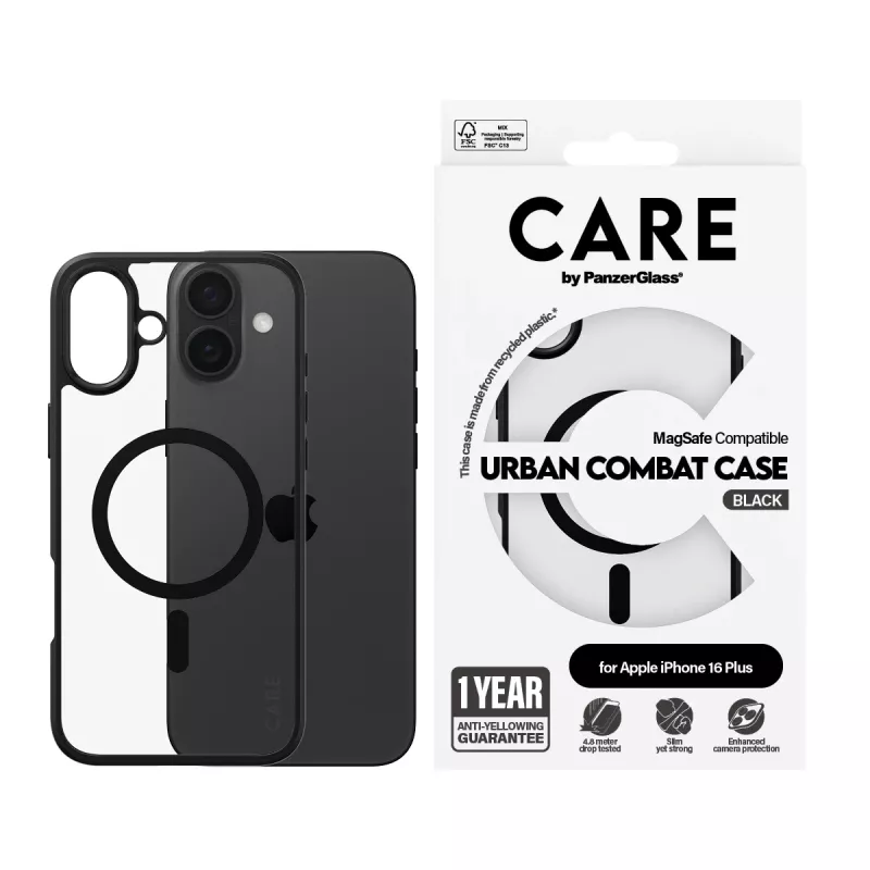 PanzerGlass CARE™ by ® Urban Combat Case Transparent mit schwarzem Rahmen & MagSafe für iPhone 16 Plus