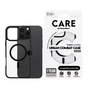 PanzerGlass CARE™ by ® Urban Combat Case Transparent mit schwarzem Rahmen & MagSafe für iPhone 16 Pro Max