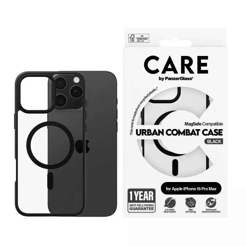 PanzerGlass CARE™ by ® Urban Combat Case Transparent mit schwarzem Rahmen & MagSafe für iPhone 16 Pro Max