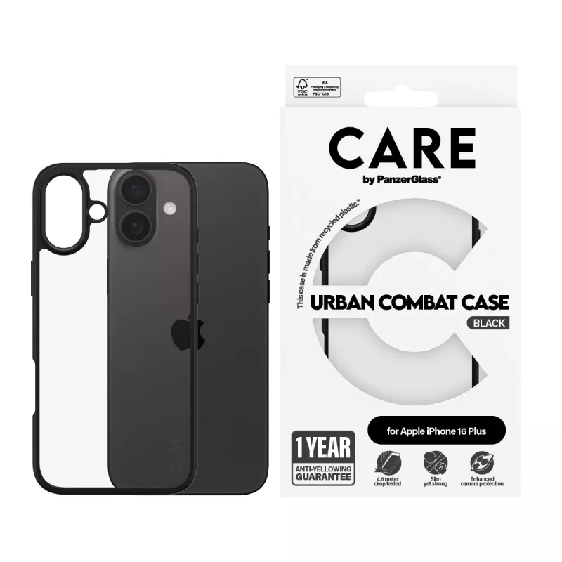 PanzerGlass CARE™ by ® Urban Combat Case durchsichtig mit schwarzem Rahmen iPhone 16 Plus
