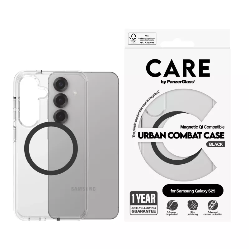 PanzerGlass CARE™ by ® Urban Combat Hülle transparent mit Schwarz Qi-kompatibel Samsung Galaxy S25