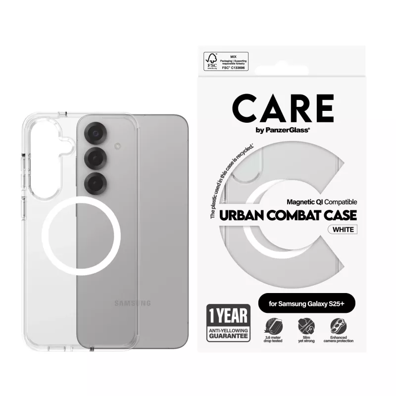 PanzerGlass CARE™ by ® Urban Combat Hülle, transparent, mit Weiß, Qi-kompatibel für Samsung Galaxy S25+