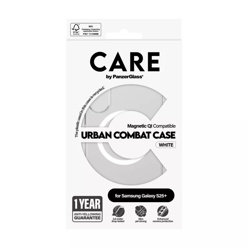 PanzerGlass CARE™ by ® Urban Combat Hülle, transparent, mit Weiß, Qi-kompatibel für Samsung Galaxy S25+