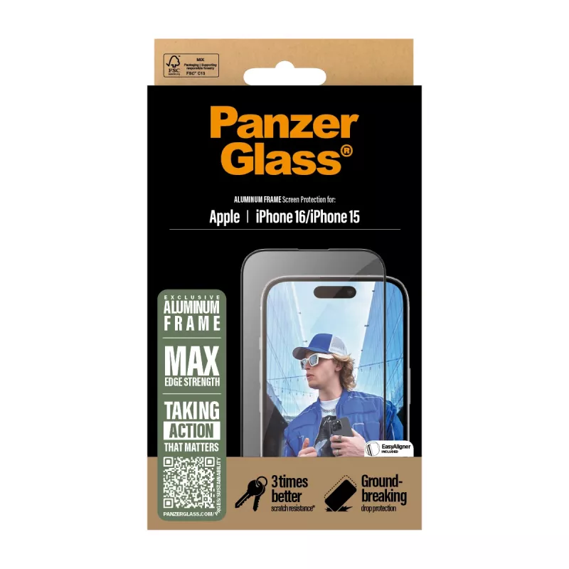 PanzerGlass ® Displayschutz Aluminiumrahmen iPhone 16 | 15 | Ultra-Wide Fit