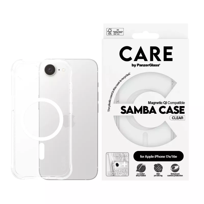 PanzerGlass CARE™ by ® Samba Hülle transparent mit weißem Qi-kompatibel iPhone 17e | 16e