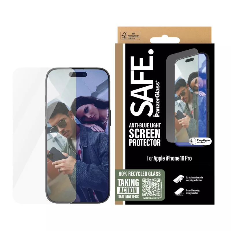 PanzerGlass SAFE. by ® Anti-Blue Light Screen Protector iPhone 16 Pro | Ultra-Wide Fit