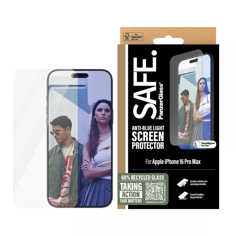 PanzerGlass SAFE. by ® Anti-Blue-Light-Displayschutz iPhone 16 Pro Max | Ultra-Wide Fit