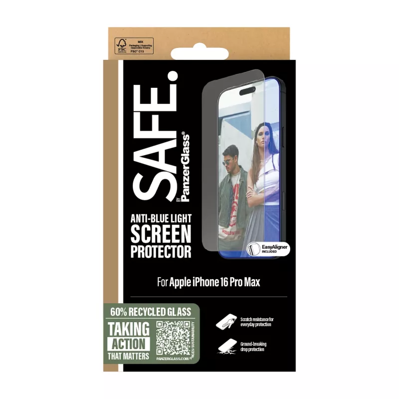 PanzerGlass SAFE. by ® Anti-Blue-Light-Displayschutz iPhone 16 Pro Max | Ultra-Wide Fit
