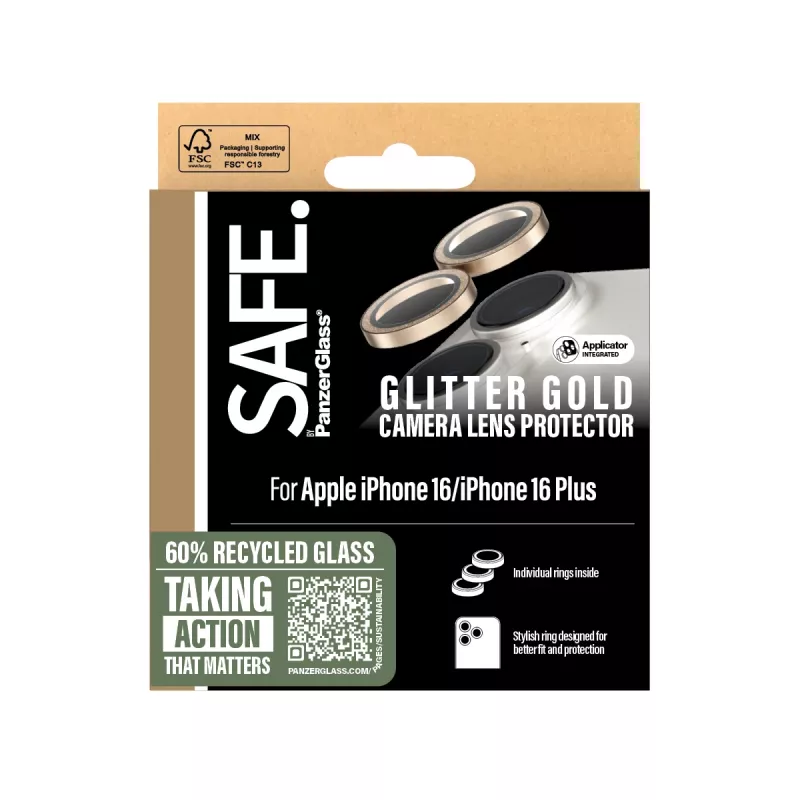PanzerGlass SAFE. by ® Kamera-Objektivschutz Glitter Gold iPhone 16 | 16 Plus