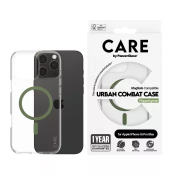 PanzerGlass CARE™ by ® Urban Combat Case Transparent mit grünem MagSafe für iPhone 16 Pro Max