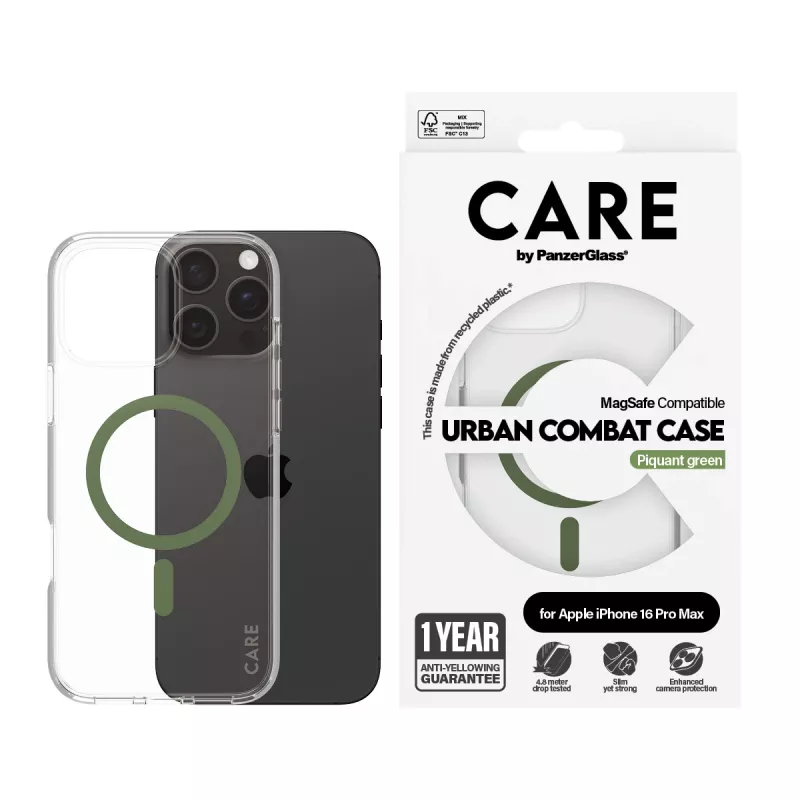 PanzerGlass CARE™ by ® Urban Combat Case Transparent mit grünem MagSafe für iPhone 16 Pro Max
