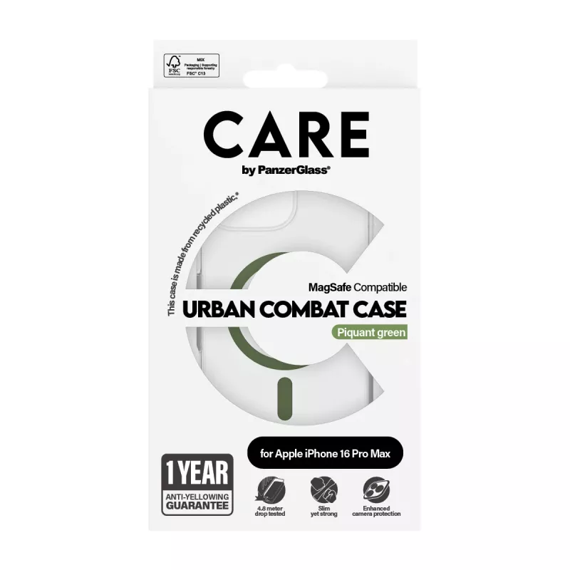 PanzerGlass CARE™ by ® Urban Combat Case Transparent mit grünem MagSafe für iPhone 16 Pro Max