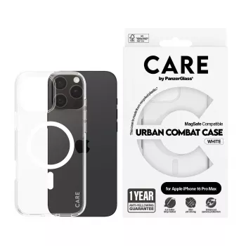 PanzerGlass CARE™ by ® Urban Combat Hülle transparent mit weißem MagSafe für iPhone 16 Pro Max