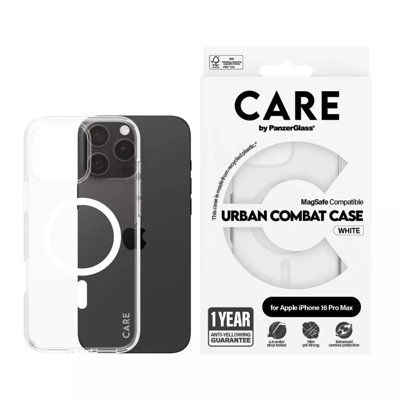 PanzerGlass CARE™ by ® Urban Combat Hülle transparent mit weißem MagSafe für iPhone 16 Pro Max