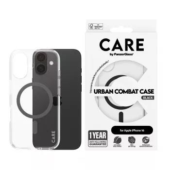 PanzerGlass CARE™ by ® Urban Combat Hülle transparent mit schwarzem MagSafe für iPhone 16