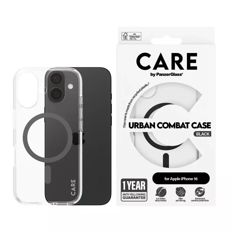 PanzerGlass CARE™ by ® Urban Combat Hülle transparent mit schwarzem MagSafe für iPhone 16