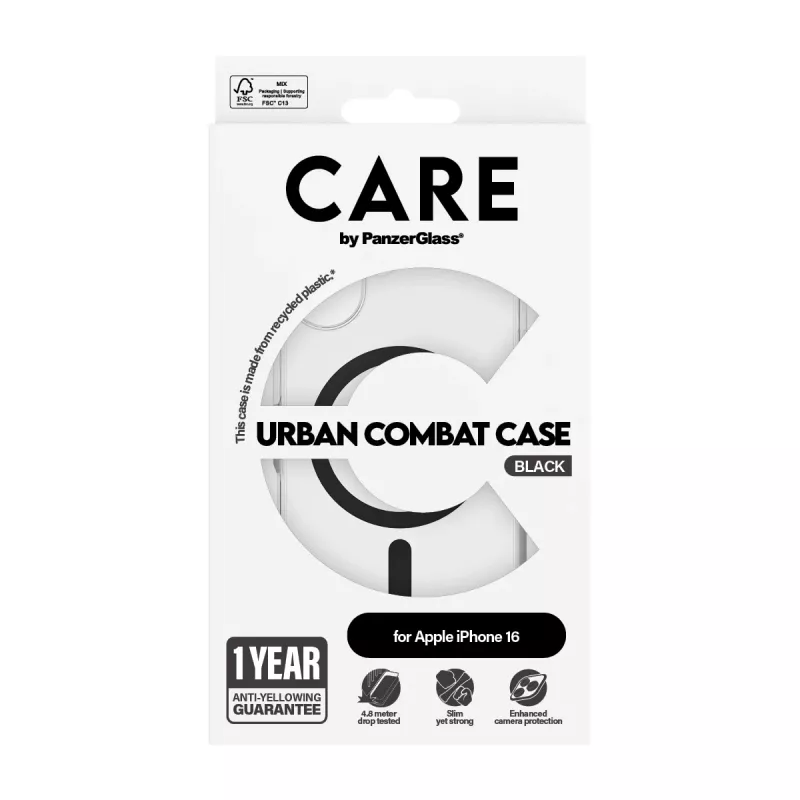PanzerGlass CARE™ by ® Urban Combat Hülle transparent mit schwarzem MagSafe für iPhone 16