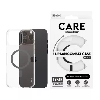PanzerGlass CARE™ by ® Urban Combat Hülle transparent mit schwarzem MagSafe iPhone 16 Pro Max