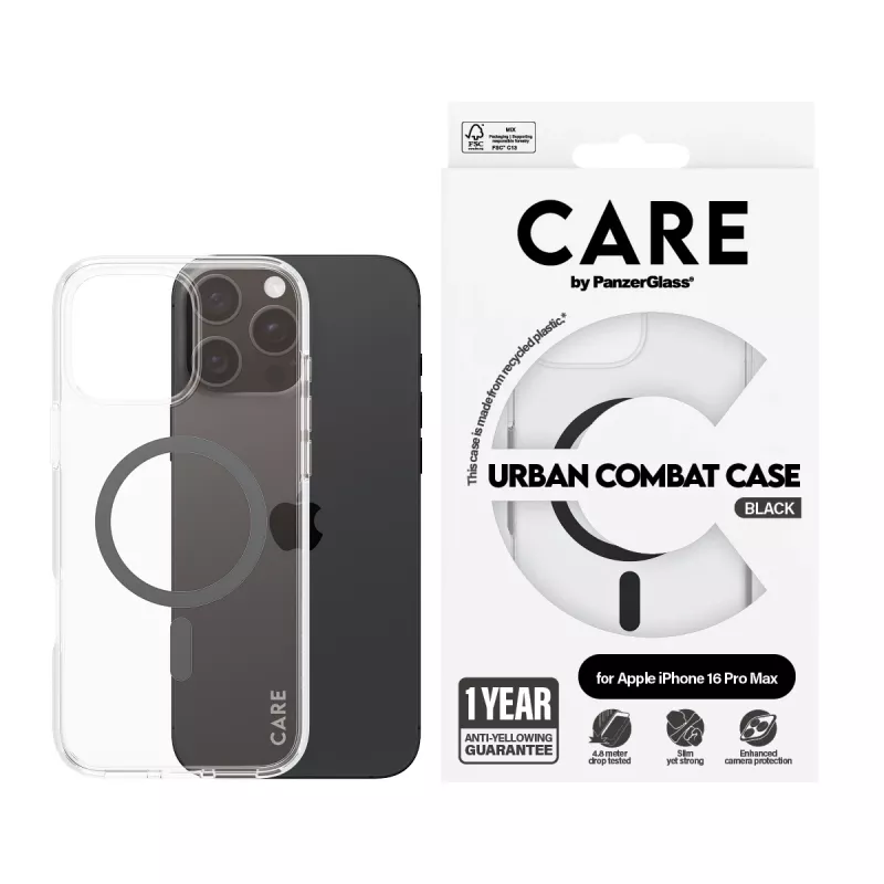 PanzerGlass CARE™ by ® Urban Combat Hülle transparent mit schwarzem MagSafe iPhone 16 Pro Max