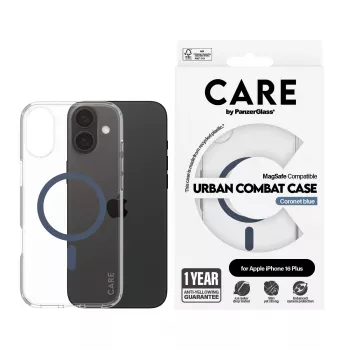 PanzerGlass CARE™ by ® Urban Combat Hülle Transparent mit blauem MagSafe iPhone 16 Plus