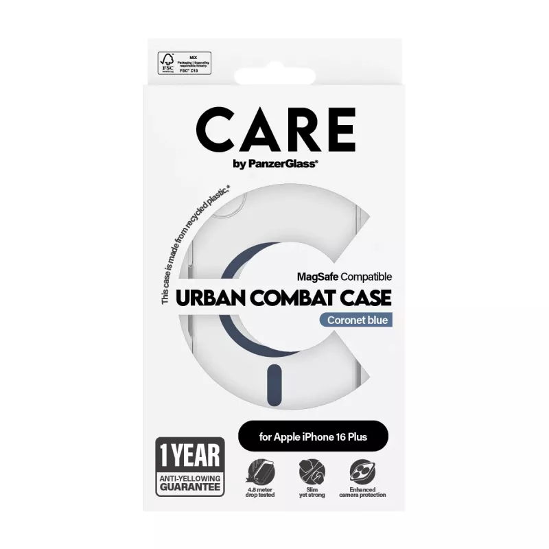 PanzerGlass CARE™ by ® Urban Combat Hülle Transparent mit blauem MagSafe iPhone 16 Plus