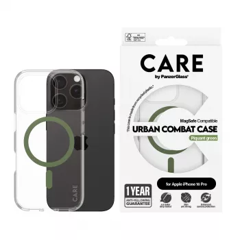 PanzerGlass CARE™ by ® Urban Combat Hülle transparent mit grünem MagSafe iPhone 16 Pro