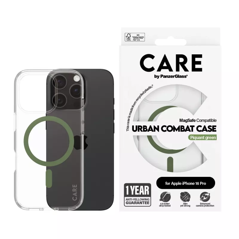 PanzerGlass CARE™ by ® Urban Combat Hülle transparent mit grünem MagSafe iPhone 16 Pro