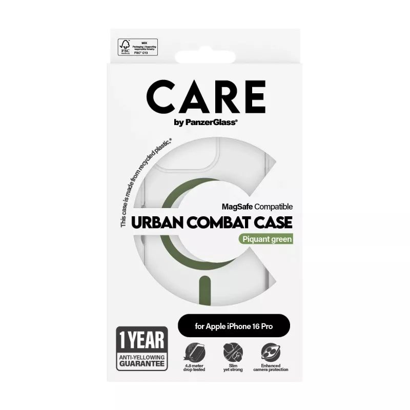PanzerGlass CARE™ by ® Urban Combat Hülle transparent mit grünem MagSafe iPhone 16 Pro