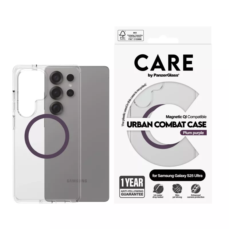 PanzerGlass CARE™ by ® Urban Combat Hülle transparent mit Pflaumen-Lila Qi-kompatibel Samsung Galaxy S25 Ultra
