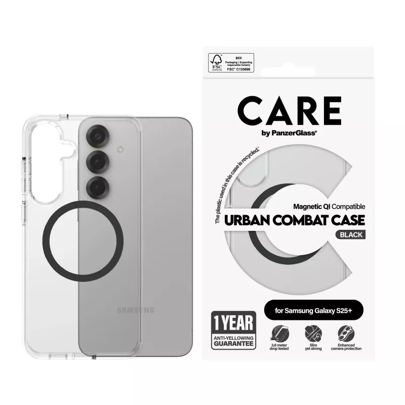 PanzerGlass CARE™ by ® Urban Combat Hülle transparent mit schwarz Qi-kompatibel Samsung Galaxy S25+