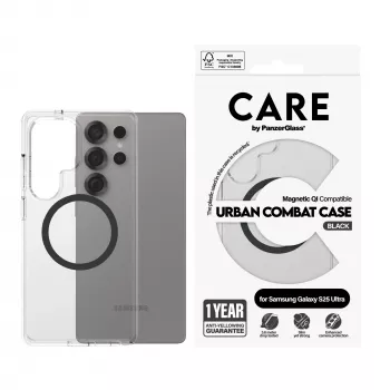 PanzerGlass CARE™ by ® Urban Combat Hülle, transparent, mit schwarzem Qi, kompatibel, Samsung Galaxy S25 Ultra