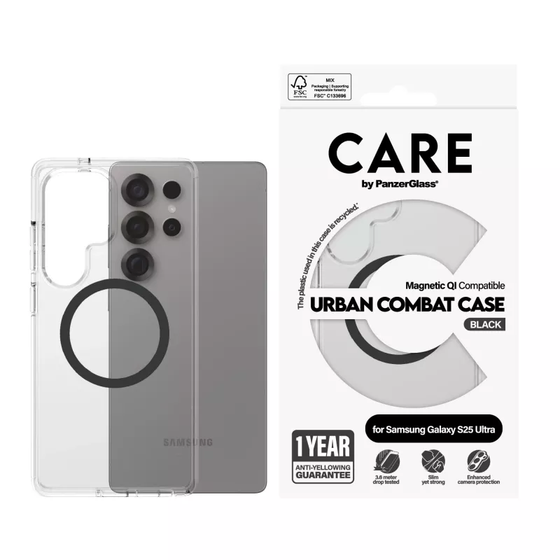 PanzerGlass CARE™ by ® Urban Combat Hülle, transparent, mit schwarzem Qi, kompatibel, Samsung Galaxy S25 Ultra