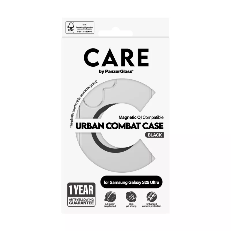 PanzerGlass CARE™ by ® Urban Combat Hülle, transparent, mit schwarzem Qi, kompatibel, Samsung Galaxy S25 Ultra