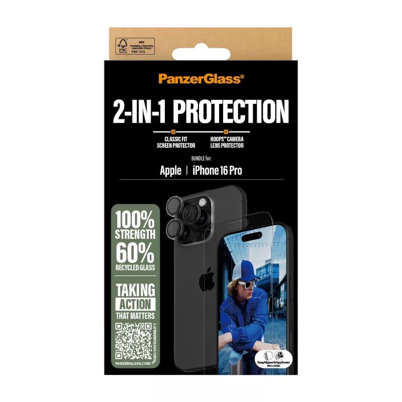 PanzerGlass® 2-in-1-Bundle iPhone 16 Pro, Apple, Apple - iPhone 16 Pro, Trockene Anwendung, Kratzfest, Stoßfest, Transparent, 1 Stk.