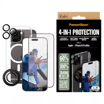 PanzerGlass ® 4-in-1 Schutzpaket iPhone 16 Pro Max, Apple, Apple - iPhone 16 Pro Max, Trockene Anwendung, Kratzfest, Stoßfest, Transparent, 1 Stück