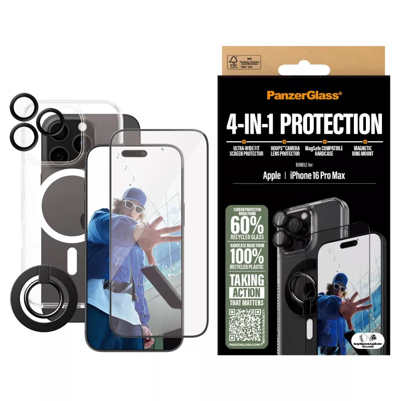 PanzerGlass ® 4-in-1 Schutzpaket iPhone 16 Pro Max, Apple, Apple - iPhone 16 Pro Max, Trockene Anwendung, Kratzfest, Stoßfest, Transparent, 1 Stück