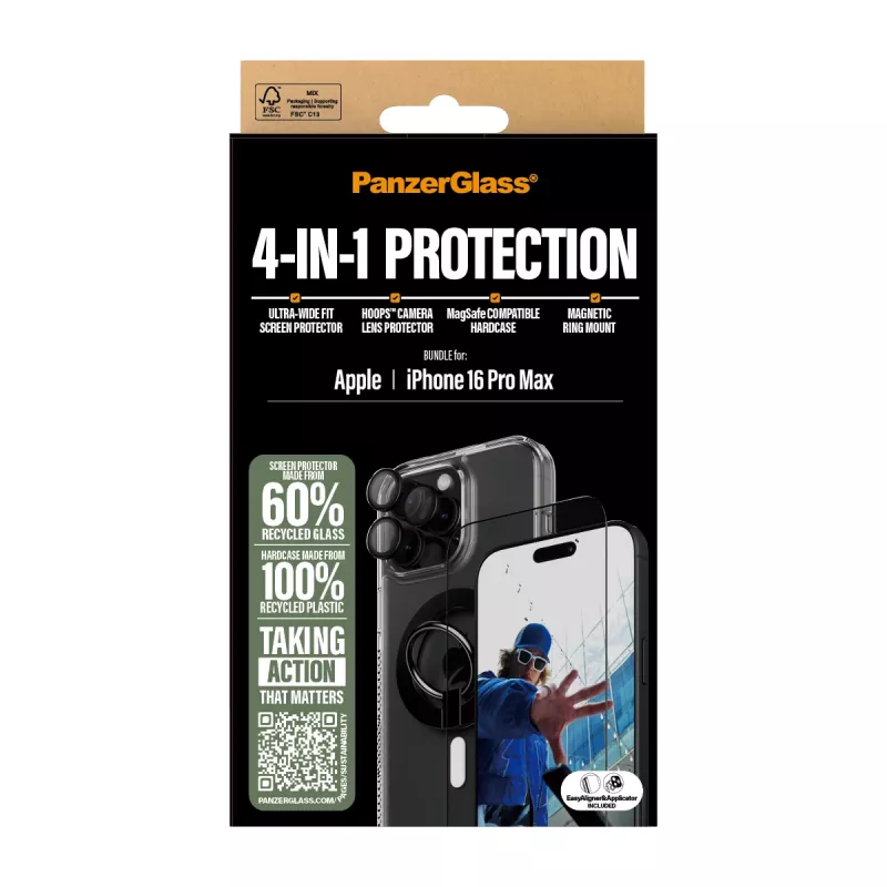 PanzerGlass ® 4-in-1 Schutzpaket iPhone 16 Pro Max, Apple, Apple - iPhone 16 Pro Max, Trockene Anwendung, Kratzfest, Stoßfest, Transparent, 1 Stück