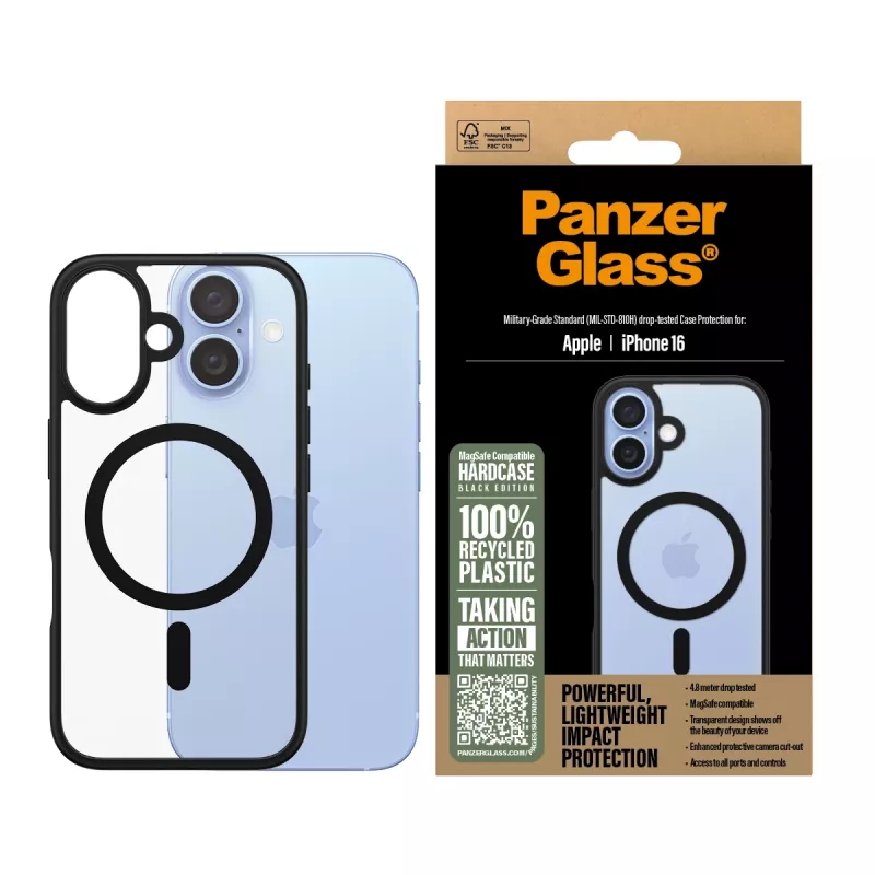 PanzerGlass ® HardCase Transparent mit schwarzem MagSafe-Rahmen für iPhone 16
