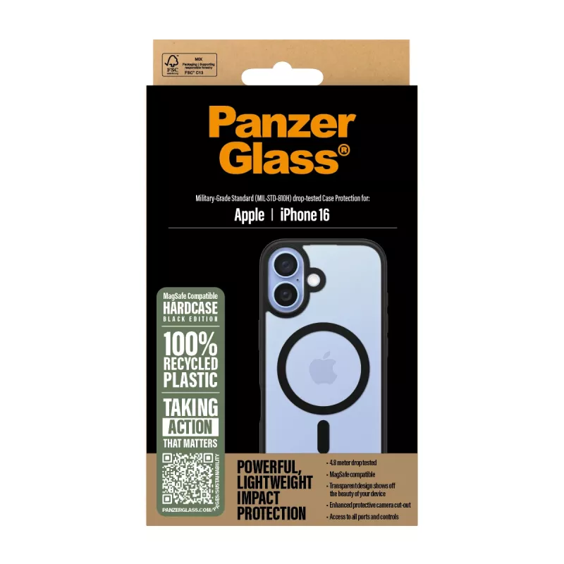 PanzerGlass ® HardCase Transparent mit schwarzem MagSafe-Rahmen für iPhone 16