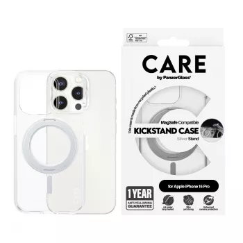 PanzerGlass CARE™ by ® Case Transparent mit silbernem Kickstand & MagSafe iPhone 15 Pro