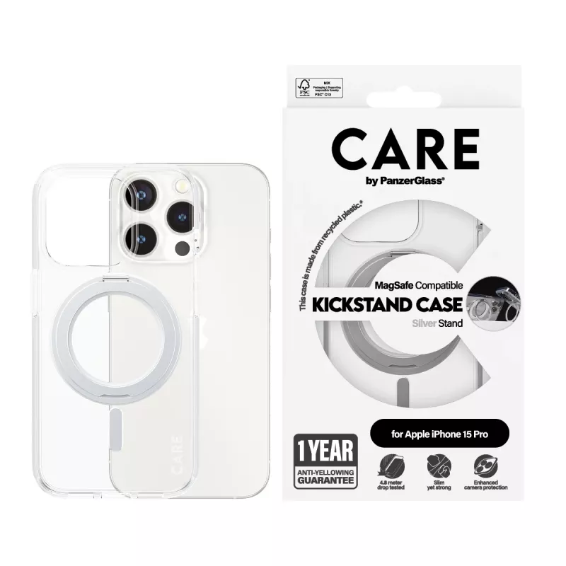 PanzerGlass CARE™ by ® Case Transparent mit silbernem Kickstand & MagSafe iPhone 15 Pro