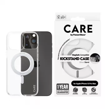PanzerGlass CARE™ by ® Case Transparent mit silbernem Kickstand & MagSafe iPhone 15 Pro Max